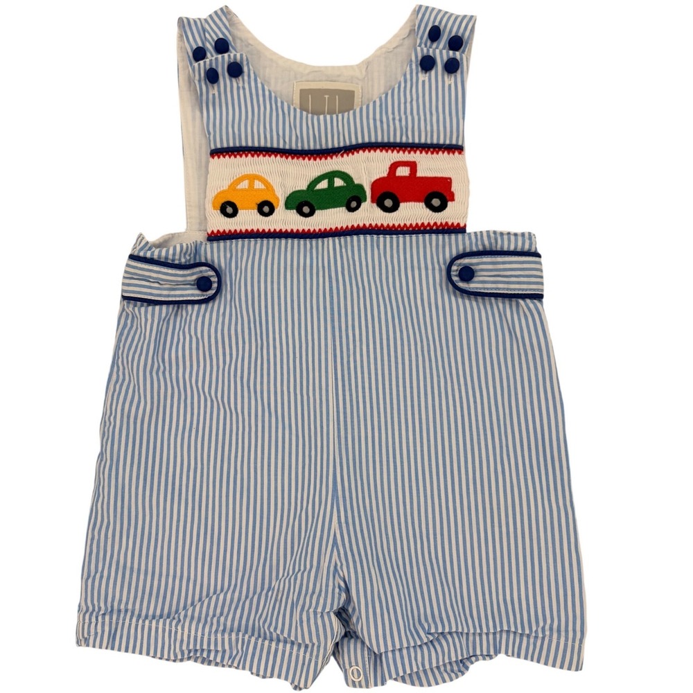 Lil Cactus Smocked Car Romper 18-24M Blue White Seersucker Retro Preppy